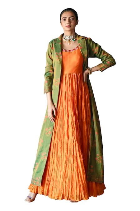 Shachi Sood_Orange Chanderi, Tissue Embroidery, Sequins Floral Print Jacket With Anarkali _Online_at_Aza_Fashions