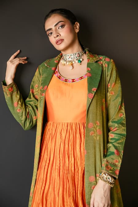 Buy_Shachi Sood_Orange Chanderi, Tissue Embroidery, Sequins Floral Print Jacket With Anarkali _Online_at_Aza_Fashions