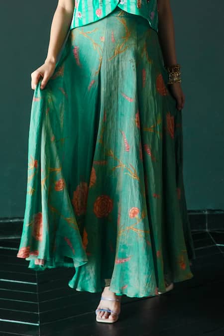 Buy Shachi Sood Green Waist Coat Pure Silk V- Neck Floral Embroidered With Skirt Online at Aza Fashions Buy_Shachi Sood_Green Waist Coat Pure Silk V- Neck Floral Embroidered With Skirt _Online_at_Aza_Fashions