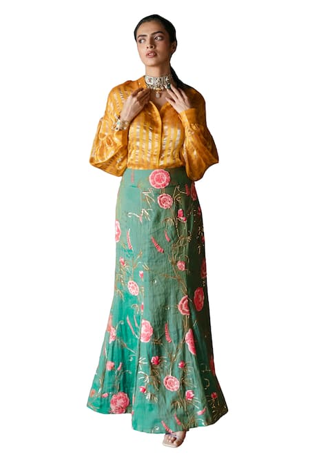 Shachi Sood Yellow Skirt Tissue Chanderi Collar Floral Embroidered With Shirt Online at Aza Fashions Shachi Sood_Yellow Skirt Tissue Chanderi Collar Floral Embroidered With Shirt _Online_at_Aza_Fashions