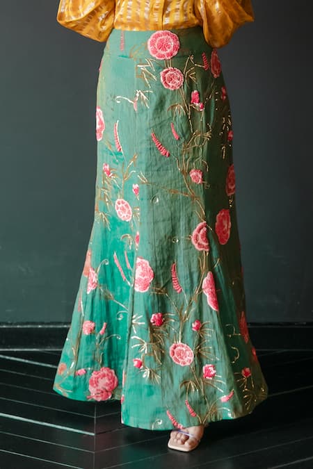 Buy Shachi Sood Yellow Skirt Tissue Chanderi Collar Floral Embroidered With Shirt Online at Aza Fashions Buy_Shachi Sood_Yellow Skirt Tissue Chanderi Collar Floral Embroidered With Shirt _Online_at_Aza_Fashions