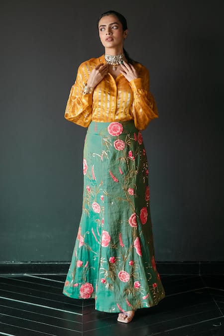 Shop Shachi Sood Yellow Skirt Tissue Chanderi Collar Floral Embroidered With Shirt Online at Aza Fashions Shop_Shachi Sood_Yellow Skirt Tissue Chanderi Collar Floral Embroidered With Shirt _Online_at_Aza_Fashions