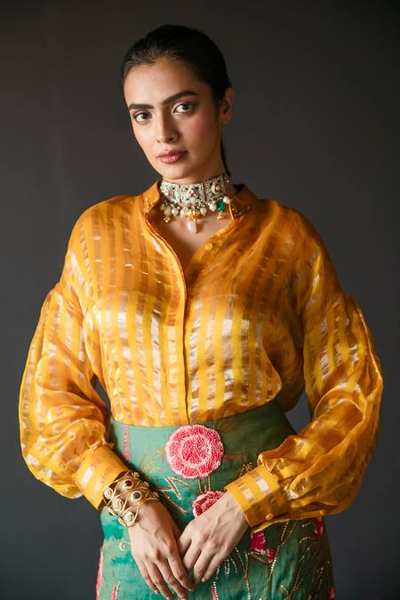 Shachi Sood Yellow Skirt Tissue Chanderi Collar Floral Embroidered With Shirt at Aza Fashions Shachi Sood_Yellow Skirt Tissue Chanderi Collar Floral Embroidered With Shirt _at_Aza_Fashions