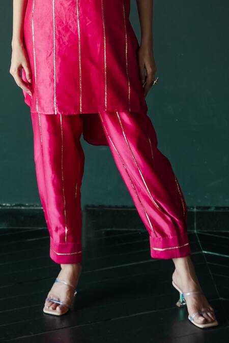 Buy_Shachi Sood_Pink Chanderi Sequins, Beads Collared Embroidered Kurta With Pant _Online_at_Aza_Fashions