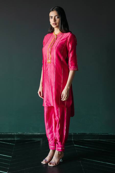 Shop_Shachi Sood_Pink Chanderi Sequins, Beads Collared Embroidered Kurta With Pant _Online_at_Aza_Fashions