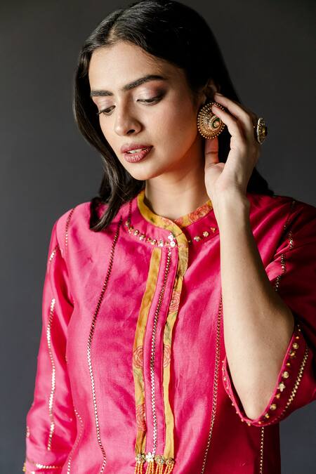 Shachi Sood_Pink Chanderi Sequins, Beads Collared Embroidered Kurta With Pant _at_Aza_Fashions