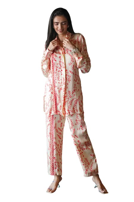 Shachi Sood_Off White Satin, Silk Sequins, Embroidery Collared Floral Print Shirt And Pant Set _Online_at_Aza_Fashions