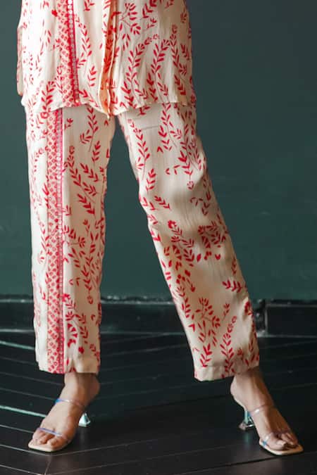 Buy_Shachi Sood_Off White Satin, Silk Sequins, Embroidery Collared Floral Print Shirt And Pant Set _Online_at_Aza_Fashions