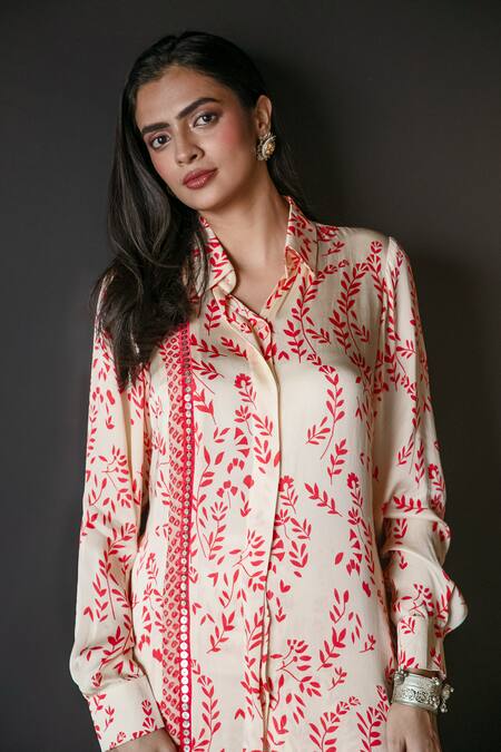 Shachi Sood_Off White Satin, Silk Sequins, Embroidery Collared Floral Print Shirt And Pant Set _at_Aza_Fashions
