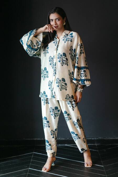 Buy_Shachi Sood_Off White Dupion Silk Print Floral Collar Shirt And Pant Set _Online_at_Aza_Fashions