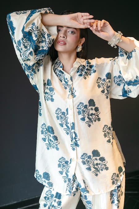 Shop_Shachi Sood_Off White Dupion Silk Print Floral Collar Shirt And Pant Set _Online_at_Aza_Fashions