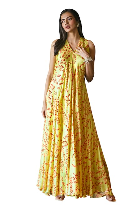 Shachi Sood_Yellow Satin Silk Print Leaf V- Neck Flared Dress _Online_at_Aza_Fashions