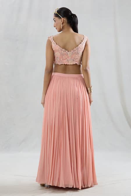 Swati Wadhwani Couture Peach Organza, Georgette Pearls, Embroidery Scoop Pleated Lehenga With Blouse Online at Aza Fashions Swati Wadhwani Couture_Peach Organza, Georgette Pearls, Embroidery Scoop Pleated Lehenga With Blouse _Online_at_Aza_Fashions