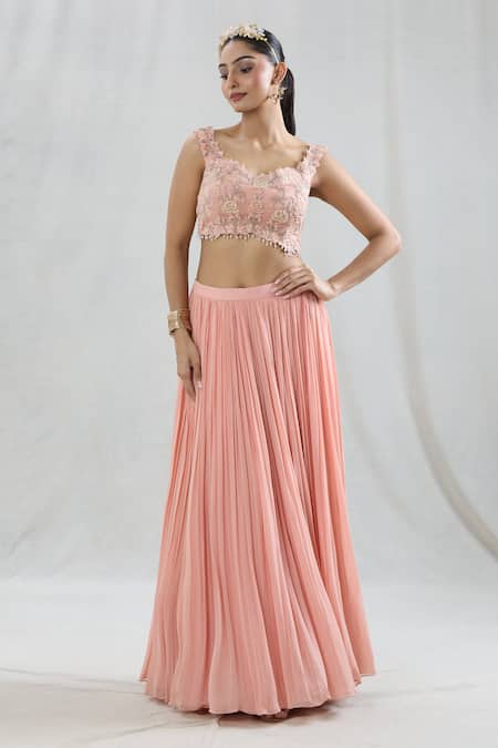 Shop Swati Wadhwani Couture Peach Organza, Georgette Pearls, Embroidery Scoop Pleated Lehenga With Blouse Online at Aza Fashions Shop_Swati Wadhwani Couture_Peach Organza, Georgette Pearls, Embroidery Scoop Pleated Lehenga With Blouse _Online_at_Aza_Fashions