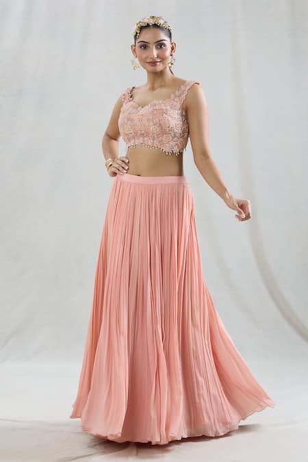 Swati Wadhwani Couture Peach Organza, Georgette Pearls, Embroidery Scoop Pleated Lehenga With Blouse at Aza Fashions Swati Wadhwani Couture_Peach Organza, Georgette Pearls, Embroidery Scoop Pleated Lehenga With Blouse _at_Aza_Fashions