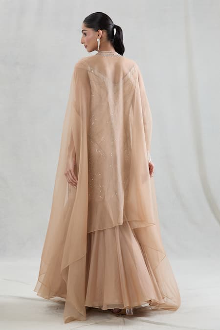 Swati Wadhwani Couture Beige Organza Sequins V-neck Elanor Embroidered Gown With Cape Online at Aza Fashions Swati Wadhwani Couture_Beige Organza Sequins V-neck Elanor Embroidered Gown With Cape _Online_at_Aza_Fashions