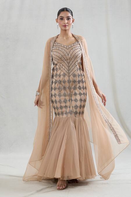 Buy Swati Wadhwani Couture Beige Organza Sequins V-neck Elanor Embroidered Gown With Cape Online at Aza Fashions Buy_Swati Wadhwani Couture_Beige Organza Sequins V-neck Elanor Embroidered Gown With Cape _Online_at_Aza_Fashions