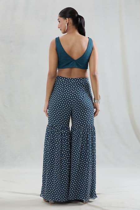 Swati Wadhwani Couture Blue Georgette Beads, Pearls Scoop Neck Pakhi Print Jacket And Gharara Set Online at Aza Fashions Swati Wadhwani Couture_Blue Georgette Beads, Pearls Scoop Neck Pakhi Print Jacket And Gharara Set _Online_at_Aza_Fashions