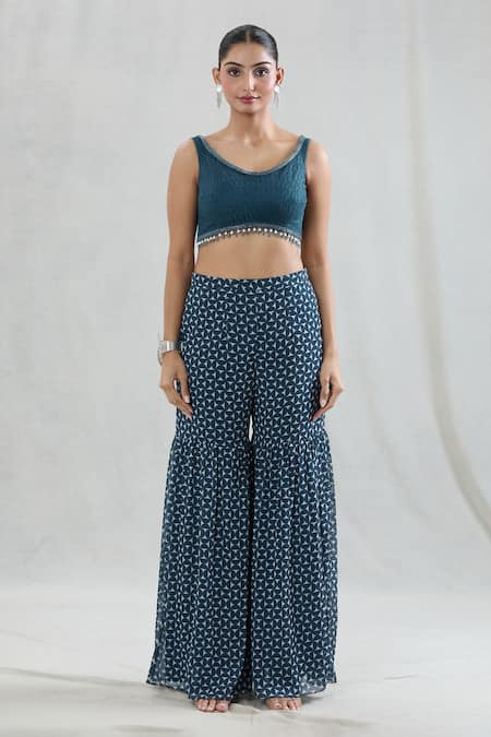 Buy Swati Wadhwani Couture Blue Georgette Beads, Pearls Scoop Neck Pakhi Print Jacket And Gharara Set Online at Aza Fashions Buy_Swati Wadhwani Couture_Blue Georgette Beads, Pearls Scoop Neck Pakhi Print Jacket And Gharara Set _Online_at_Aza_Fashions