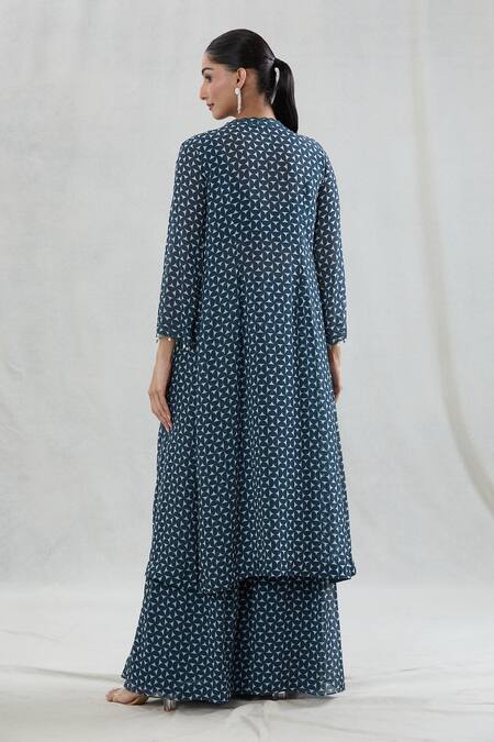 Shop Swati Wadhwani Couture Blue Georgette Beads, Pearls Scoop Neck Pakhi Print Jacket And Gharara Set Online at Aza Fashions Shop_Swati Wadhwani Couture_Blue Georgette Beads, Pearls Scoop Neck Pakhi Print Jacket And Gharara Set _Online_at_Aza_Fashions