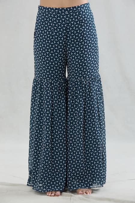 Swati Wadhwani Couture Blue Georgette Beads, Pearls Scoop Neck Pakhi Print Jacket And Gharara Set at Aza Fashions Swati Wadhwani Couture_Blue Georgette Beads, Pearls Scoop Neck Pakhi Print Jacket And Gharara Set _at_Aza_Fashions