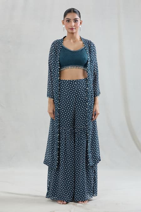 Buy Swati Wadhwani Couture Blue Georgette Beads, Pearls Scoop Neck Pakhi Print Jacket And Gharara Set Buy_Swati Wadhwani Couture_Blue Georgette Beads, Pearls Scoop Neck Pakhi Print Jacket And Gharara Set