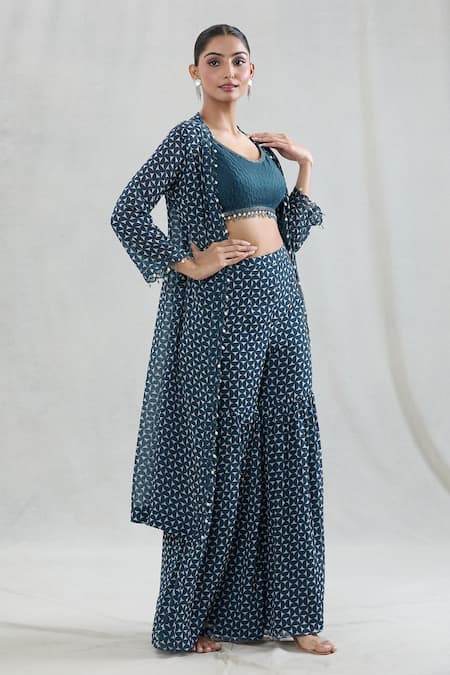 Shop Swati Wadhwani Couture Blue Georgette Beads, Pearls Scoop Neck Pakhi Print Jacket And Gharara Set Shop_Swati Wadhwani Couture_Blue Georgette Beads, Pearls Scoop Neck Pakhi Print Jacket And Gharara Set