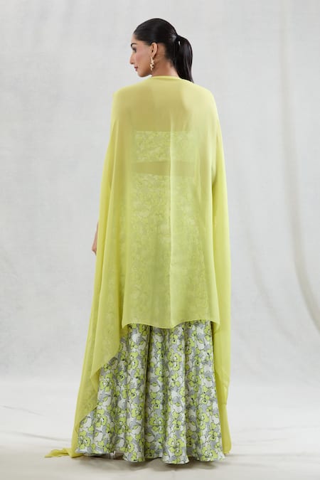 Swati Wadhwani Couture Green Georgette, Satin Sequins Rooh Abstract Print Sharara Set With Cape Online at Aza Fashions Swati Wadhwani Couture_Green Georgette, Satin Sequins Rooh Abstract Print Sharara Set With Cape _Online_at_Aza_Fashions