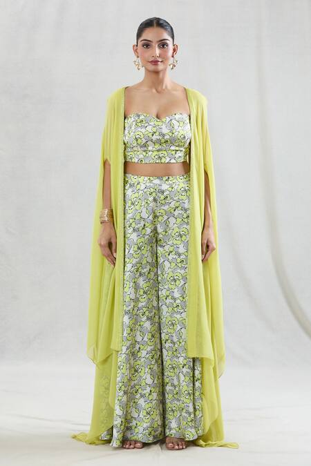 Swati Wadhwani Couture Green Georgette, Satin Sequins Rooh Abstract Print Sharara Set With Cape at Aza Fashions Swati Wadhwani Couture_Green Georgette, Satin Sequins Rooh Abstract Print Sharara Set With Cape _at_Aza_Fashions