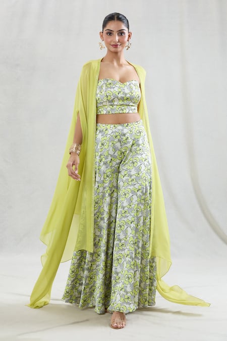 Buy Swati Wadhwani Couture Green Georgette, Satin Sequins Rooh Abstract Print Sharara Set With Cape Buy_Swati Wadhwani Couture_Green Georgette, Satin Sequins Rooh Abstract Print Sharara Set With Cape