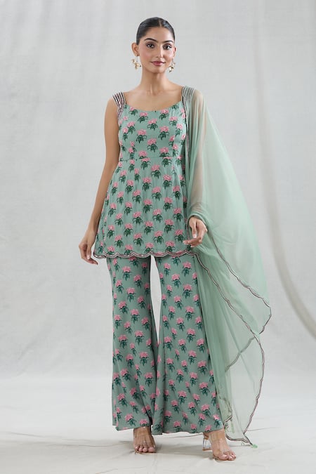 SWATI WADHWANI COUTURE Green Crepe Print Sequin Scoop Neck Rani Floral Panelled Tunic Pant Set 