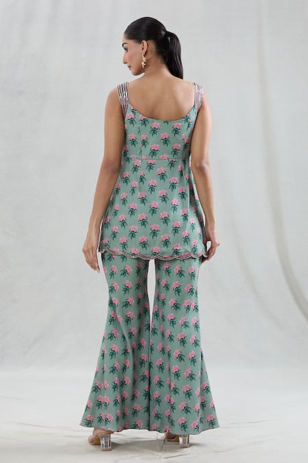 Swati Wadhwani Couture Green Crepe Sequins Scoop Neck Rani Floral Print Panelled Tunic Pant Set Online at Aza Fashions Swati Wadhwani Couture_Green Crepe Sequins Scoop Neck Rani Floral Print Panelled Tunic Pant Set _Online_at_Aza_Fashions