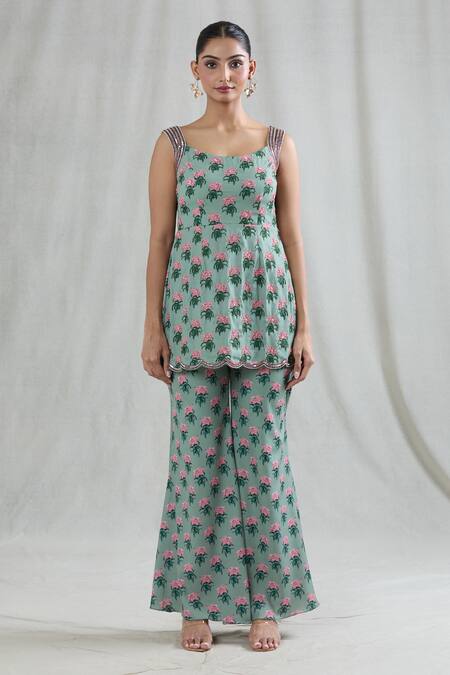 Buy Swati Wadhwani Couture Green Crepe Sequins Scoop Neck Rani Floral Print Panelled Tunic Pant Set Online at Aza Fashions Buy_Swati Wadhwani Couture_Green Crepe Sequins Scoop Neck Rani Floral Print Panelled Tunic Pant Set _Online_at_Aza_Fashions