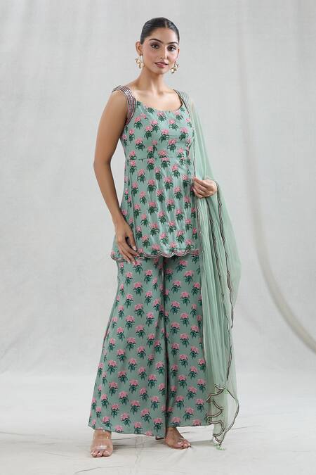 Swati Wadhwani Couture Green Crepe Sequins Scoop Neck Rani Floral Print Panelled Tunic Pant Set at Aza Fashions Swati Wadhwani Couture_Green Crepe Sequins Scoop Neck Rani Floral Print Panelled Tunic Pant Set _at_Aza_Fashions