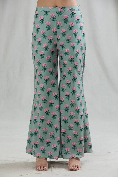 Buy Swati Wadhwani Couture Green Crepe Sequins Scoop Neck Rani Floral Print Panelled Tunic Pant Set Buy_Swati Wadhwani Couture_Green Crepe Sequins Scoop Neck Rani Floral Print Panelled Tunic Pant Set