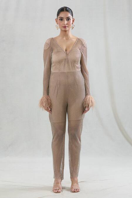 Buy Swati Wadhwani Couture Beige Net Rhinestones V-neck Jazz Mesh Embellished Jumpsuit Online at Aza Fashions Buy_Swati Wadhwani Couture_Beige Net Rhinestones V-neck Jazz Mesh Embellished Jumpsuit _Online_at_Aza_Fashions