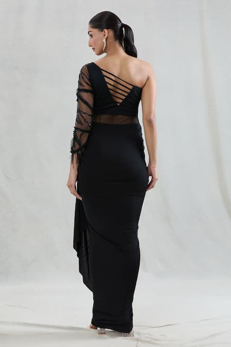 Swati Wadhwani Couture Black Net, Lycra Sequins One Shoulder Victoria Draped Gown Online at Aza Fashions Swati Wadhwani Couture_Black Net, Lycra Sequins One Shoulder Victoria Draped Gown _Online_at_Aza_Fashions
