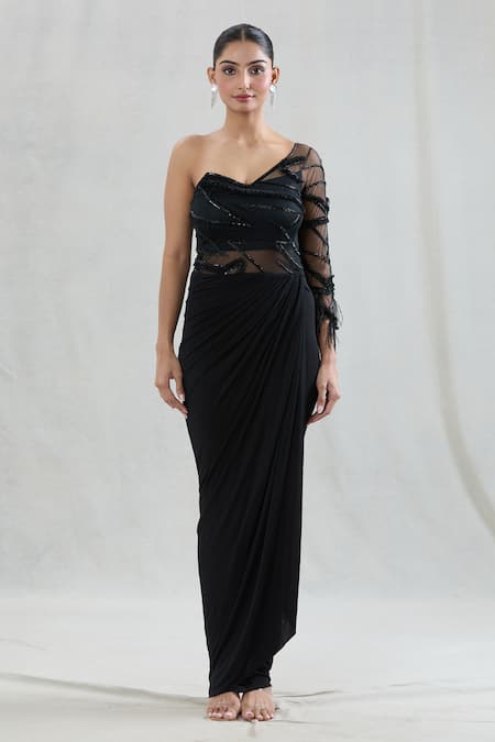 Buy Swati Wadhwani Couture Black Net, Lycra Sequins One Shoulder Victoria Draped Gown Online at Aza Fashions Buy_Swati Wadhwani Couture_Black Net, Lycra Sequins One Shoulder Victoria Draped Gown _Online_at_Aza_Fashions
