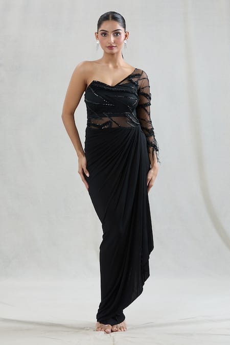 Swati Wadhwani Couture Black Net, Lycra Sequins One Shoulder Victoria Draped Gown at Aza Fashions Swati Wadhwani Couture_Black Net, Lycra Sequins One Shoulder Victoria Draped Gown _at_Aza_Fashions