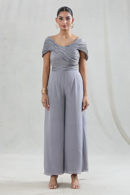 Buy_Swati Wadhwani Couture_Grey Crepe Beads, Embroidery Scoop Neck Gala Draped Jumpsuit _Online_at_Aza_Fashions