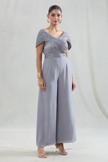 Shop_Swati Wadhwani Couture_Grey Crepe Beads, Embroidery Scoop Neck Gala Draped Jumpsuit _Online_at_Aza_Fashions