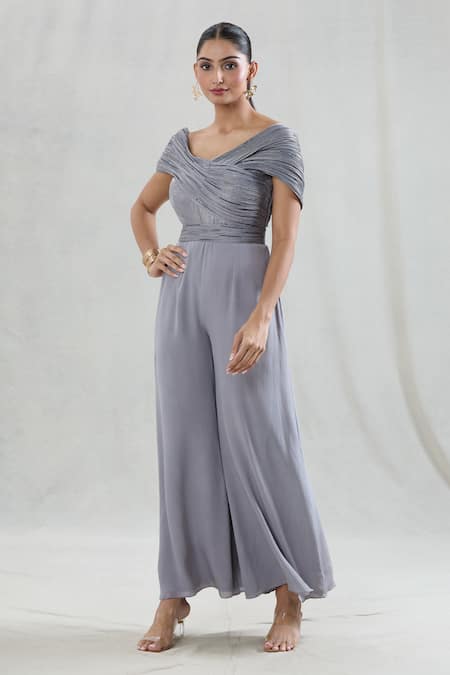 Swati Wadhwani Couture_Grey Crepe Beads, Embroidery Scoop Neck Gala Draped Jumpsuit _at_Aza_Fashions