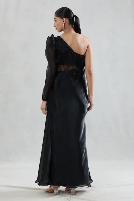 Swati Wadhwani Couture Black Organza Sequins, Beads One Shoulder Luxe Draped Gown Online at Aza Fashions Swati Wadhwani Couture_Black Organza Sequins, Beads One Shoulder Luxe Draped Gown _Online_at_Aza_Fashions