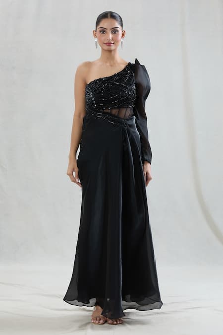 Buy Swati Wadhwani Couture Black Organza Sequins, Beads One Shoulder Luxe Draped Gown Online at Aza Fashions Buy_Swati Wadhwani Couture_Black Organza Sequins, Beads One Shoulder Luxe Draped Gown _Online_at_Aza_Fashions
