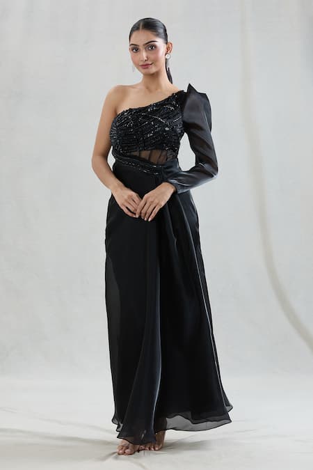 Shop Swati Wadhwani Couture Black Organza Sequins, Beads One Shoulder Luxe Draped Gown Online at Aza Fashions Shop_Swati Wadhwani Couture_Black Organza Sequins, Beads One Shoulder Luxe Draped Gown _Online_at_Aza_Fashions