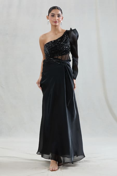 Swati Wadhwani Couture Black Organza Sequins, Beads One Shoulder Luxe Draped Gown at Aza Fashions Swati Wadhwani Couture_Black Organza Sequins, Beads One Shoulder Luxe Draped Gown _at_Aza_Fashions