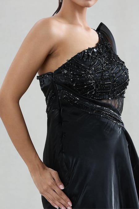 Buy Swati Wadhwani Couture Black Organza Sequins, Beads One Shoulder Luxe Draped Gown Buy_Swati Wadhwani Couture_Black Organza Sequins, Beads One Shoulder Luxe Draped Gown