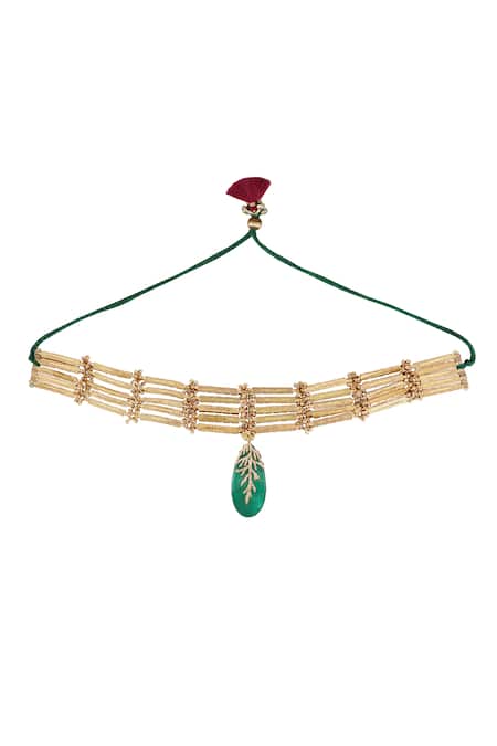 Shop_House Of Tuhina_Green Stone Embellished Choker Necklace _at_Aza_Fashions