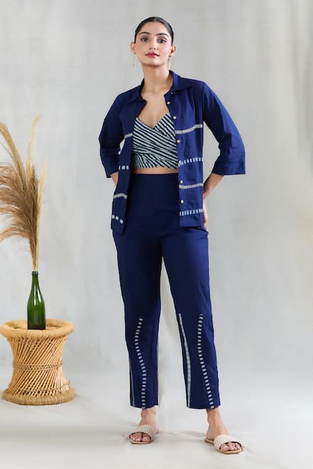 Banana Labs Blue 100% Cotton Hand Block Printed Geometric Shirt Collar Striped Pant Set 