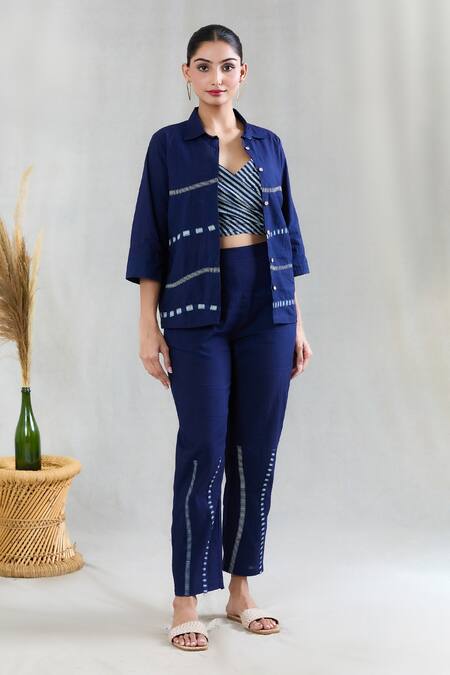Buy Banana Labs Blue 100% Cotton Hand Block Printed Geometric Shirt Collar Striped Pant Set Online at Aza Fashions Buy_Banana Labs_Blue 100% Cotton Hand Block Printed Geometric Shirt Collar Striped Pant Set _Online_at_Aza_Fashions